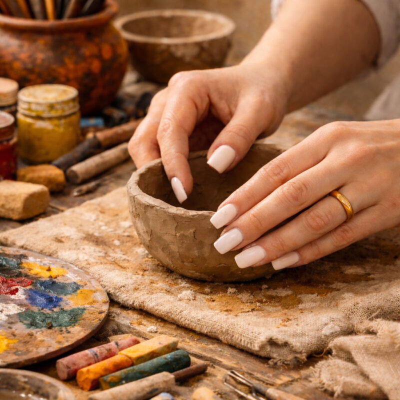 mani che modellano l'argilla in un laboratorio di terapeutica d'arte - gesto di cura