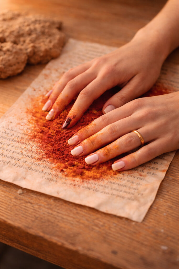 Mani che mescolano pigmenti su carta con testo latino – pratica nella terapeutica d’arte