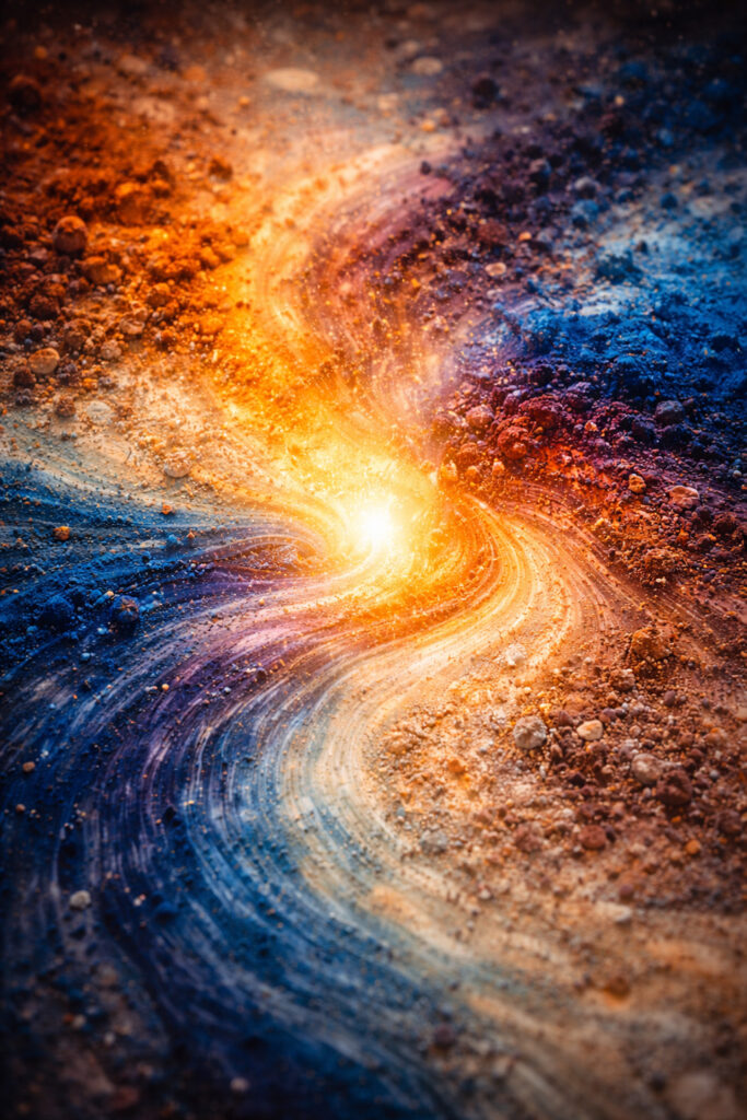 Pigmenti colorati che si fondono in una luce luminosa, simbolo della trasformazione creativa nella terapeutica d’arte